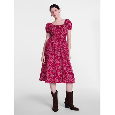 Scenario Women's and Women's Plus Smocked Waist Peasant Midi Dress with Puff Sleeves, Sizes XS-4X