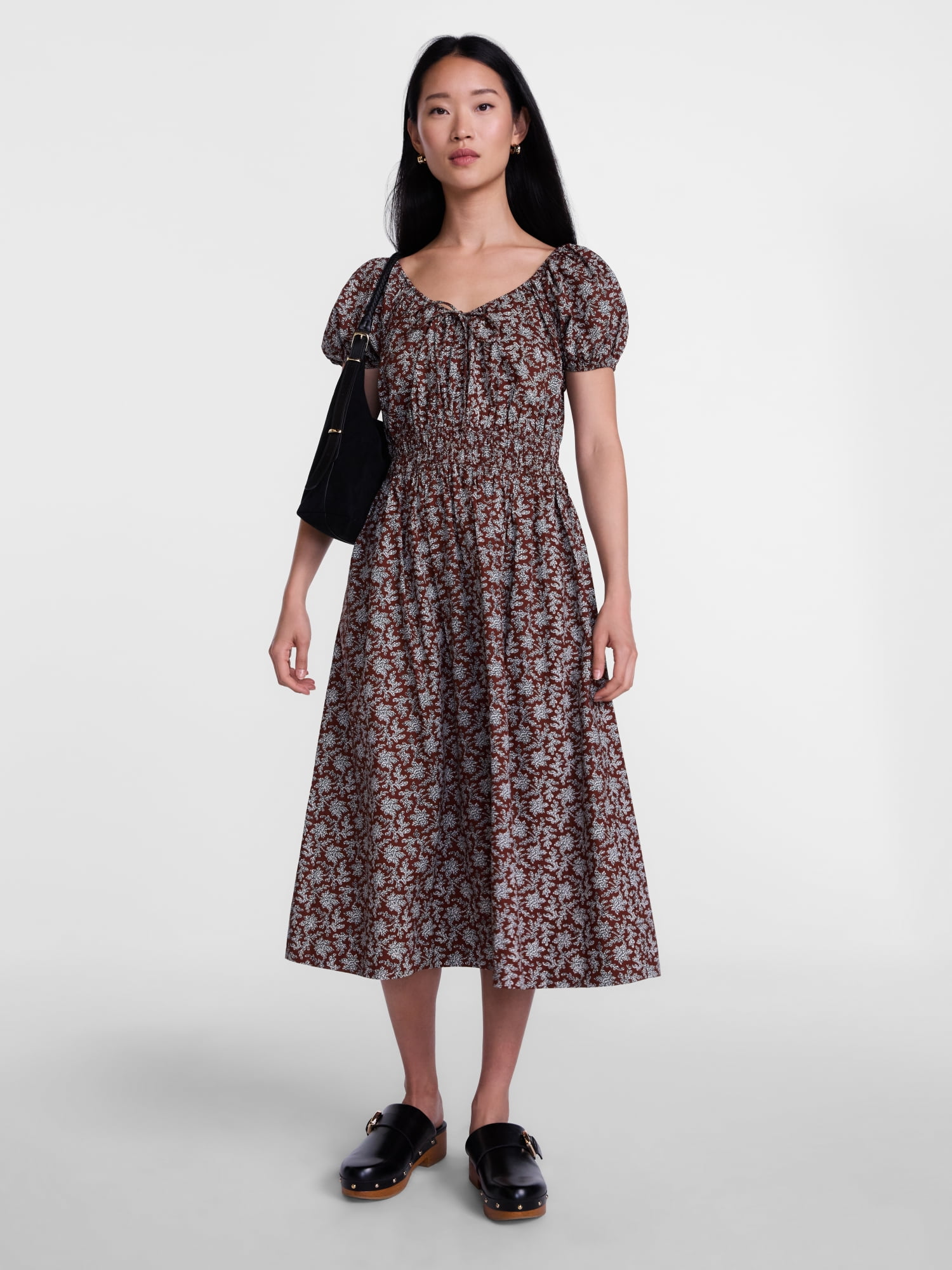Scenario Women's and Women's Plus Smocked Waist Peasant Midi Dress with Puff Sleeves, Sizes XS-4X