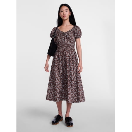 Scenario Women's and Women's Plus Smocked Waist Peasant Midi Dress with Puff Sleeves, Sizes XS-4X