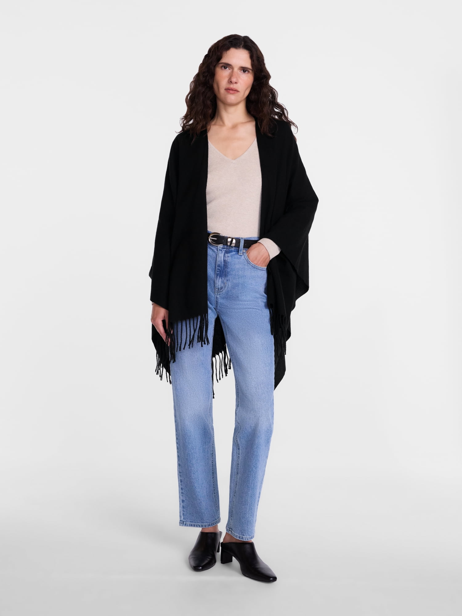 Scenario Women's Fringe Ruana, Mid-weight, Black Soot