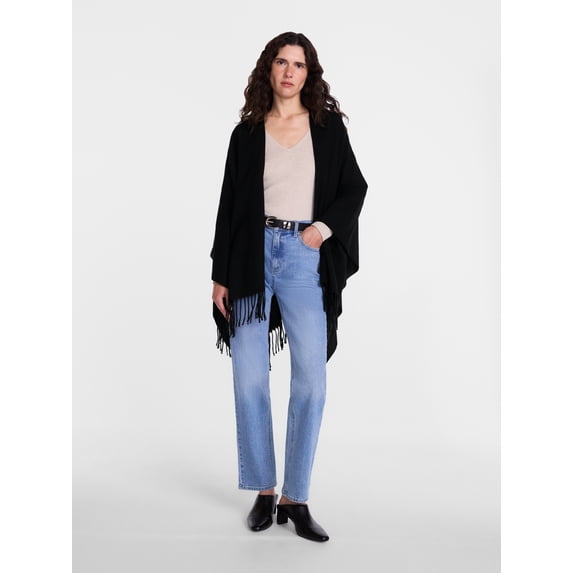 Scenario Women's Fringe Ruana, Mid-weight, Black Soot