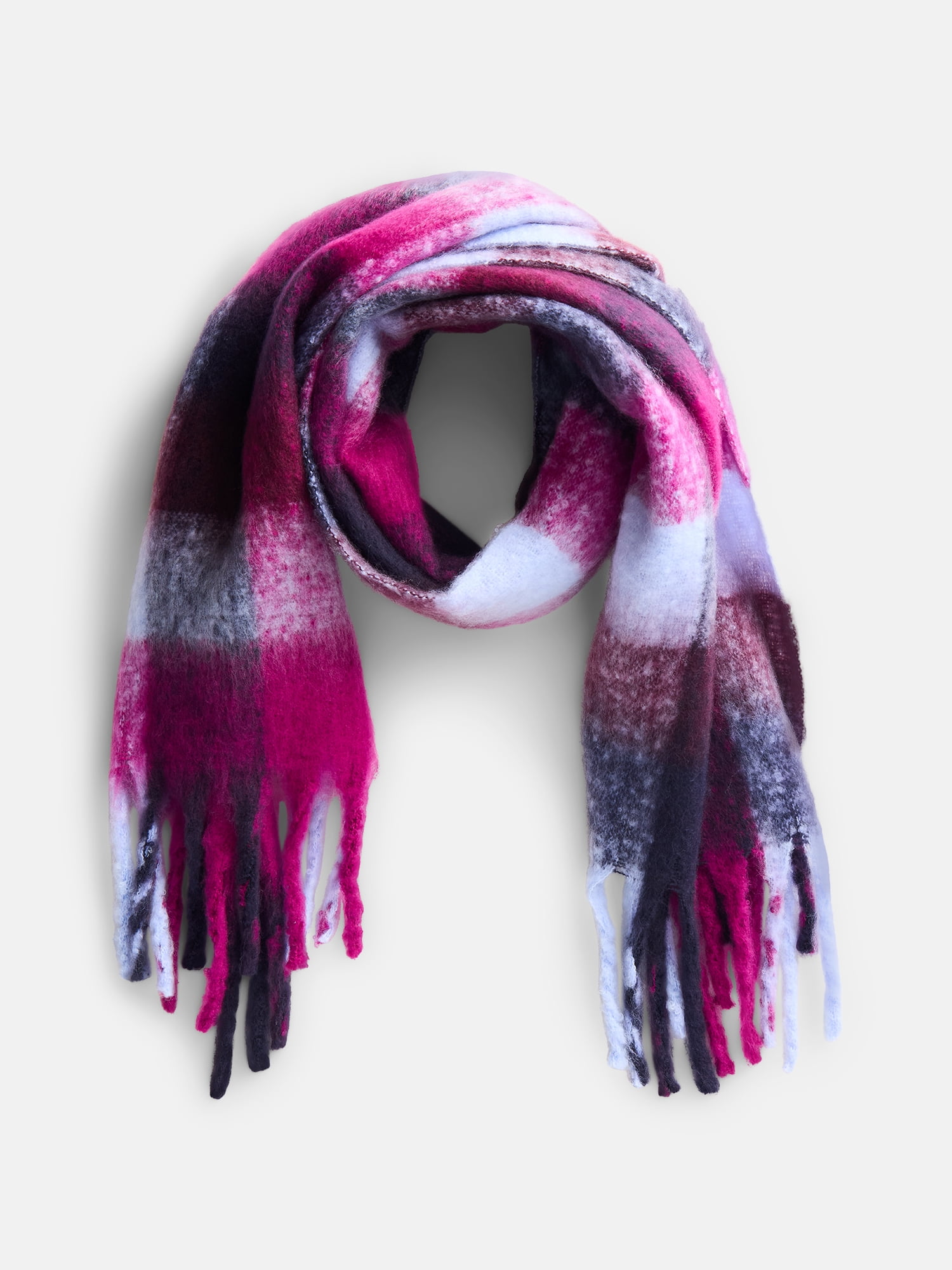 Scenario Women's Square Plaid Scarf with Fringe Trim
