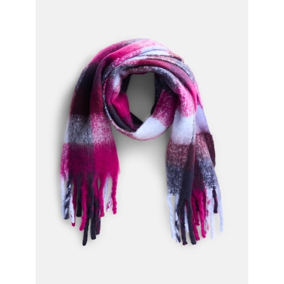 Scenario Women's Square Plaid Scarf with Fringe Trim