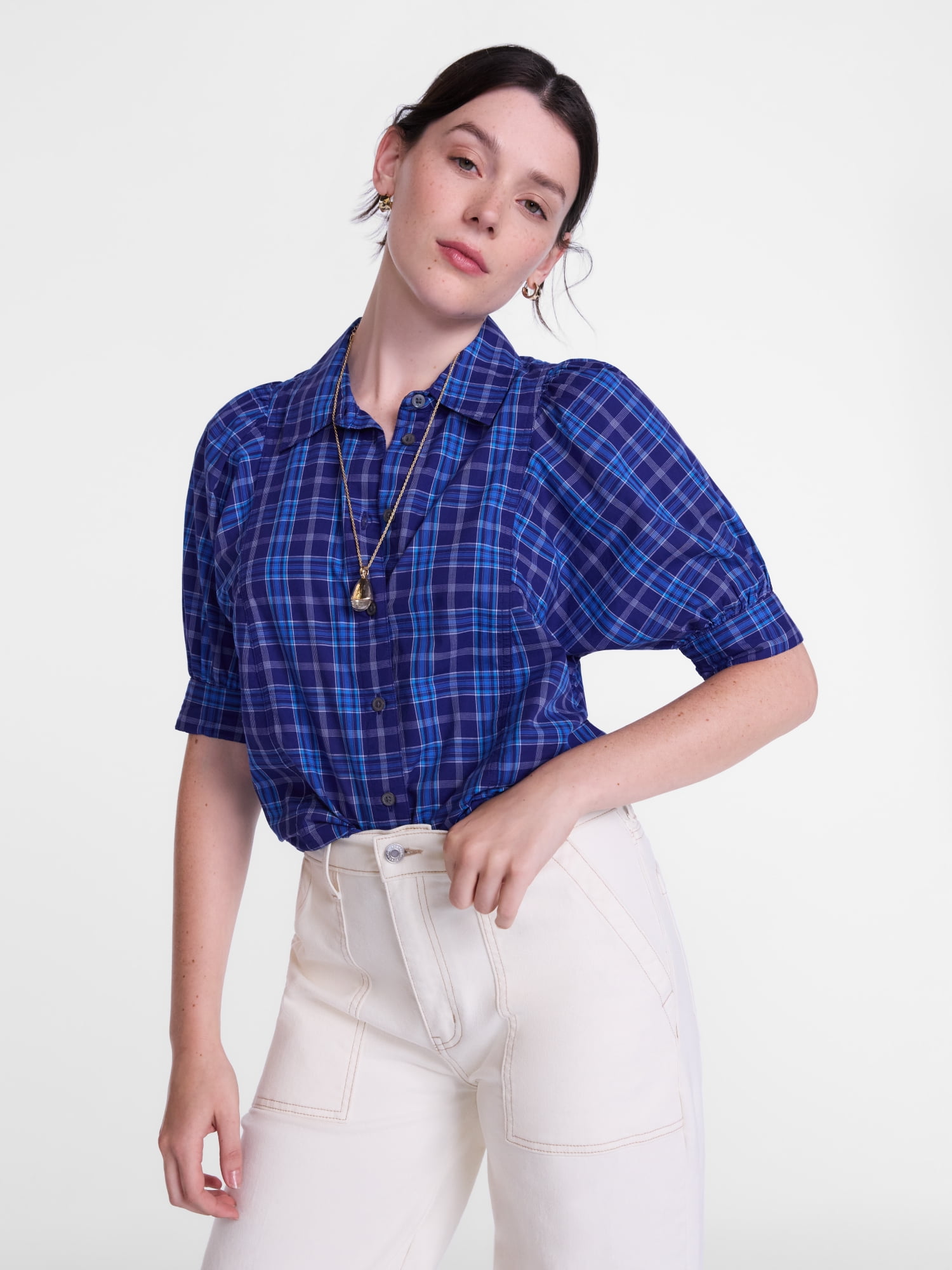 Scenario Women's Button Front Shirt with Puff Sleeves, Sizes XS-XXXL