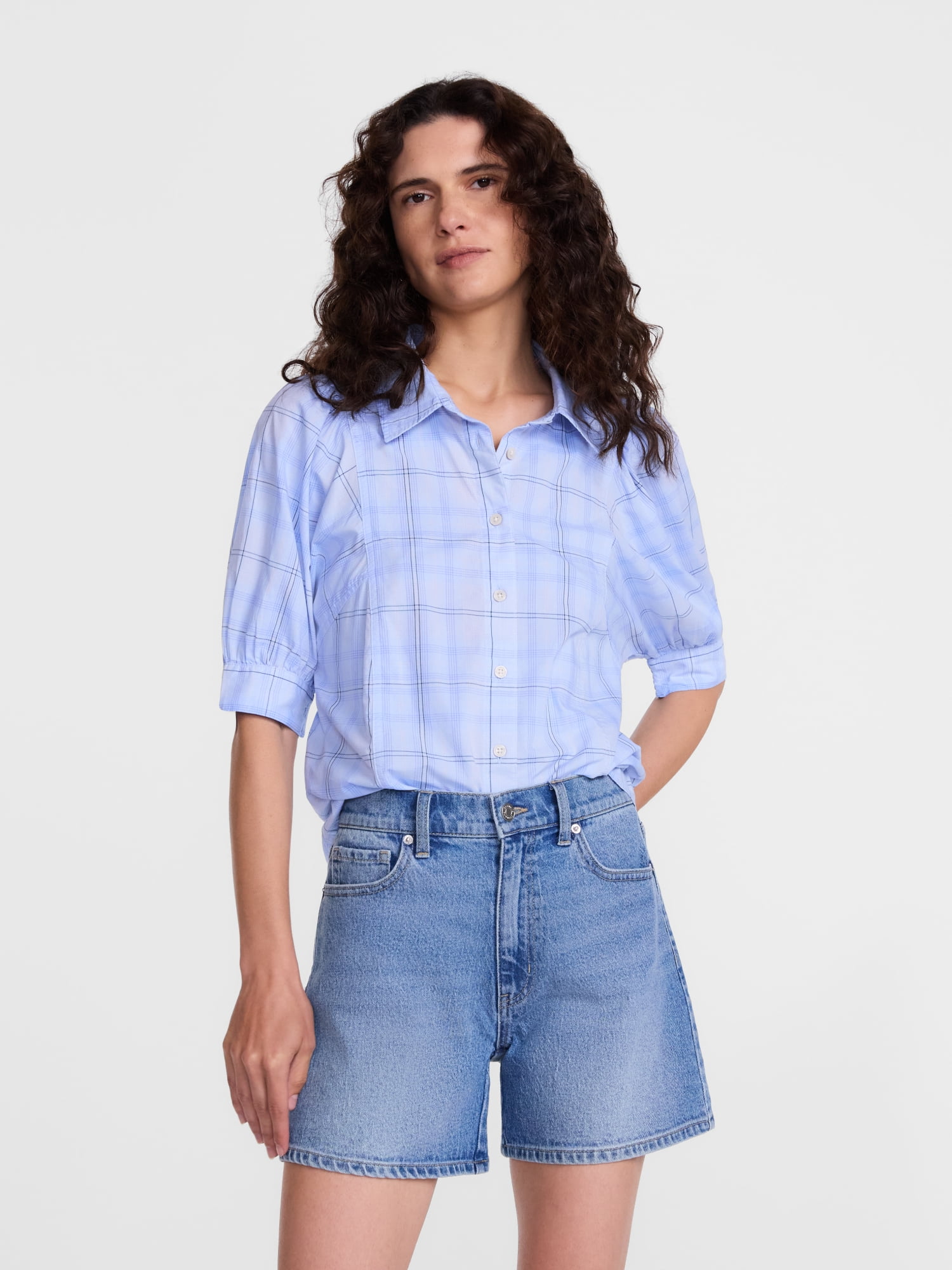 Scenario Women's Button Front Shirt with Puff Sleeves, Sizes XS-XXXL