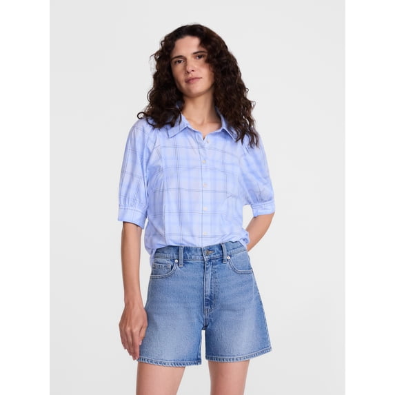 Scenario Women's Button Front Shirt with Puff Sleeves, Sizes XS-XXXL