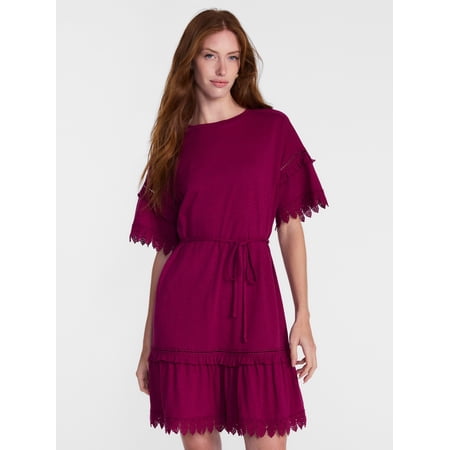 Scenario Women's Lace Trim Knit Dress with Short Sleeves, Sizes XS-XXXL