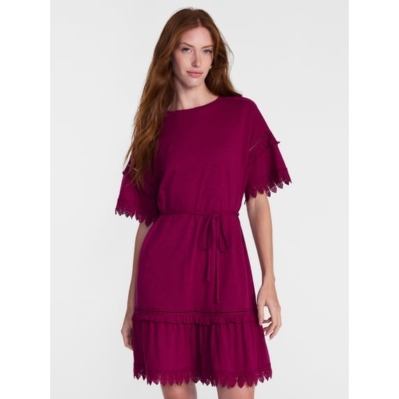 Scenario Women's Lace Trim Knit Dress with Short Sleeves, Sizes XS-XXXL