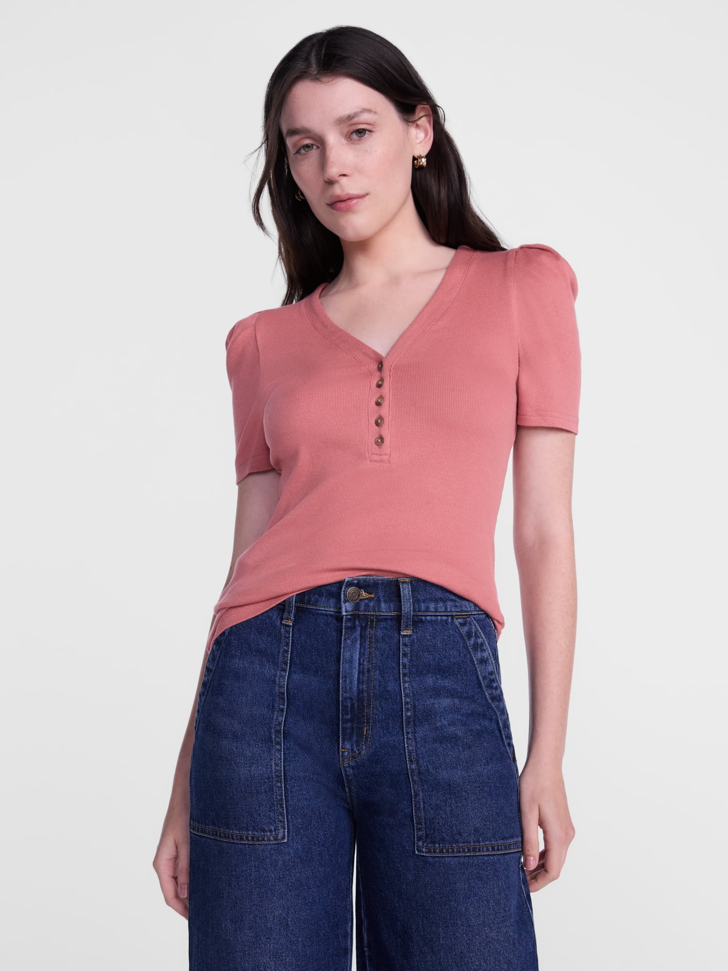 Scenario Women's V-Neck Henley Top with Short Puff Sleeves, Sizes XS-XXXL