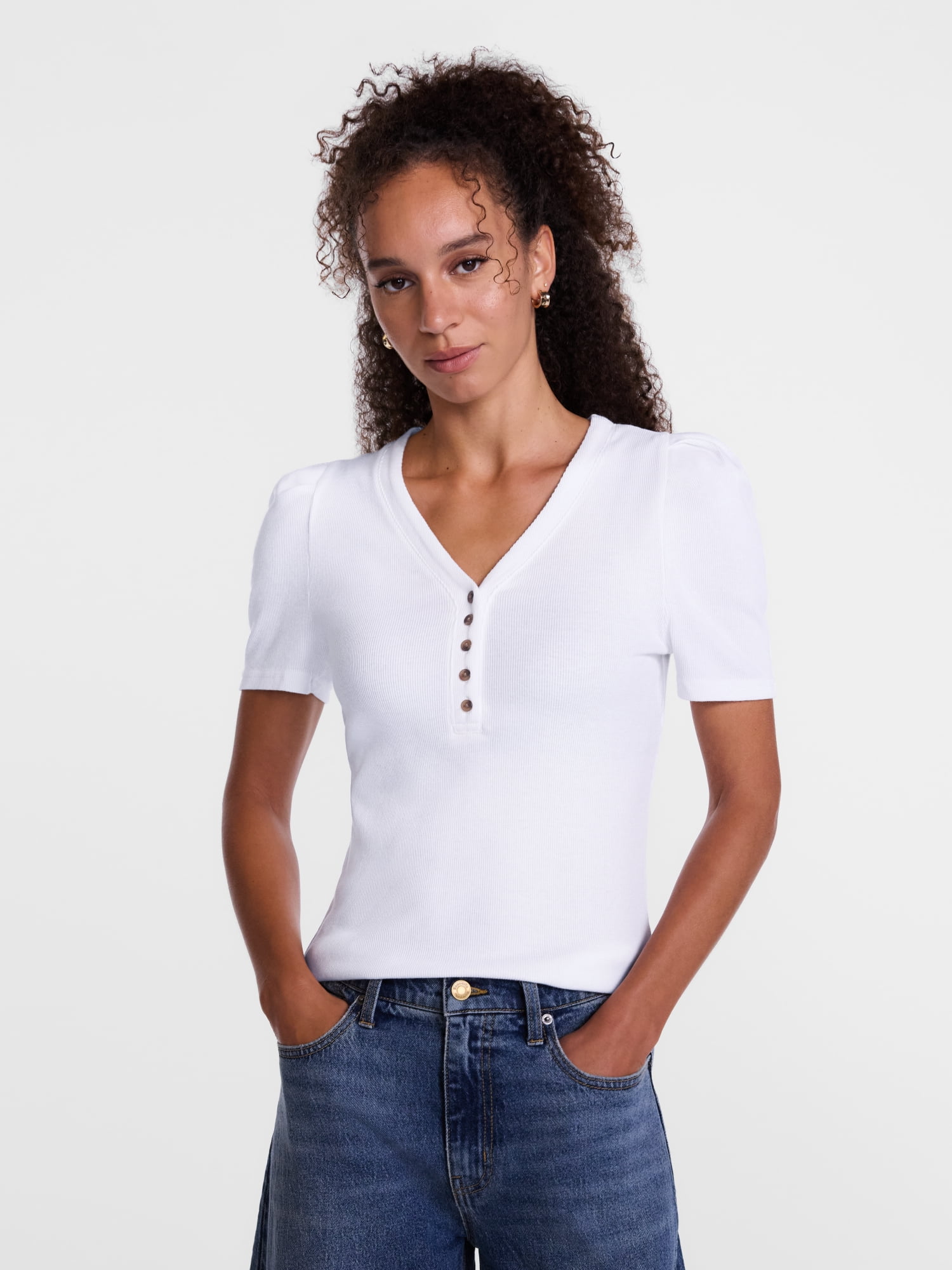 Scenario Women's V-Neck Henley Top with Short Puff Sleeves, Sizes XS-XXXL
