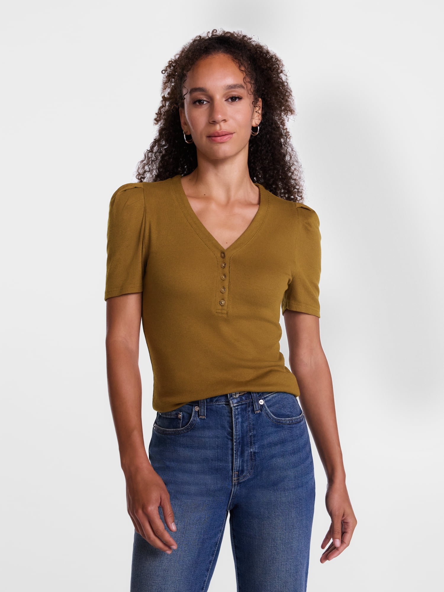 Scenario Women's V-Neck Henley Top with Short Puff Sleeves, Sizes XS-XXXL