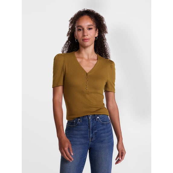 Scenario Women's V-Neck Henley Top with Short Puff Sleeves, Sizes XS-XXXL