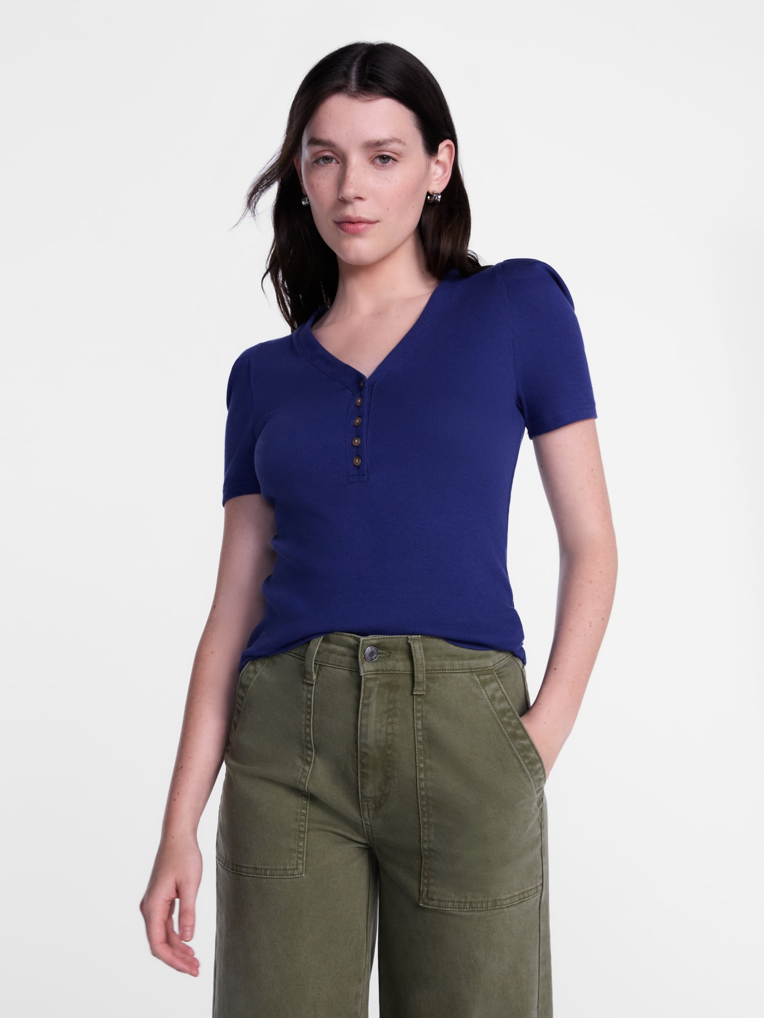 Scenario Women's V-Neck Henley Top with Short Puff Sleeves, Sizes XS-XXXL