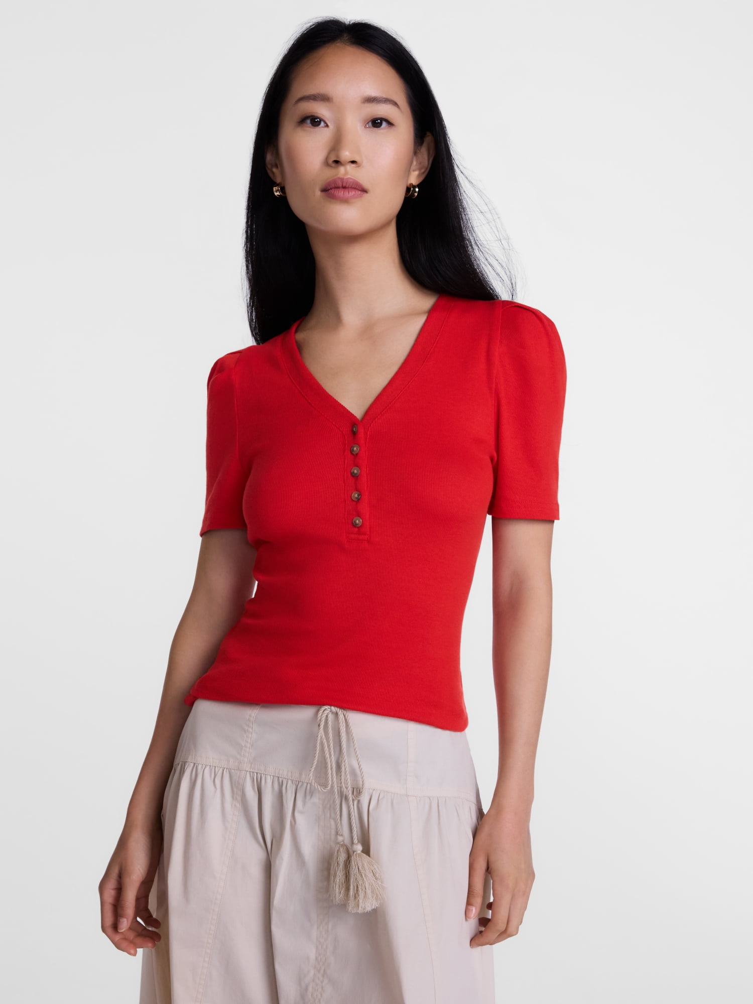 Scenario Women's V-Neck Henley Top with Short Puff Sleeves, Sizes XS-XXXL
