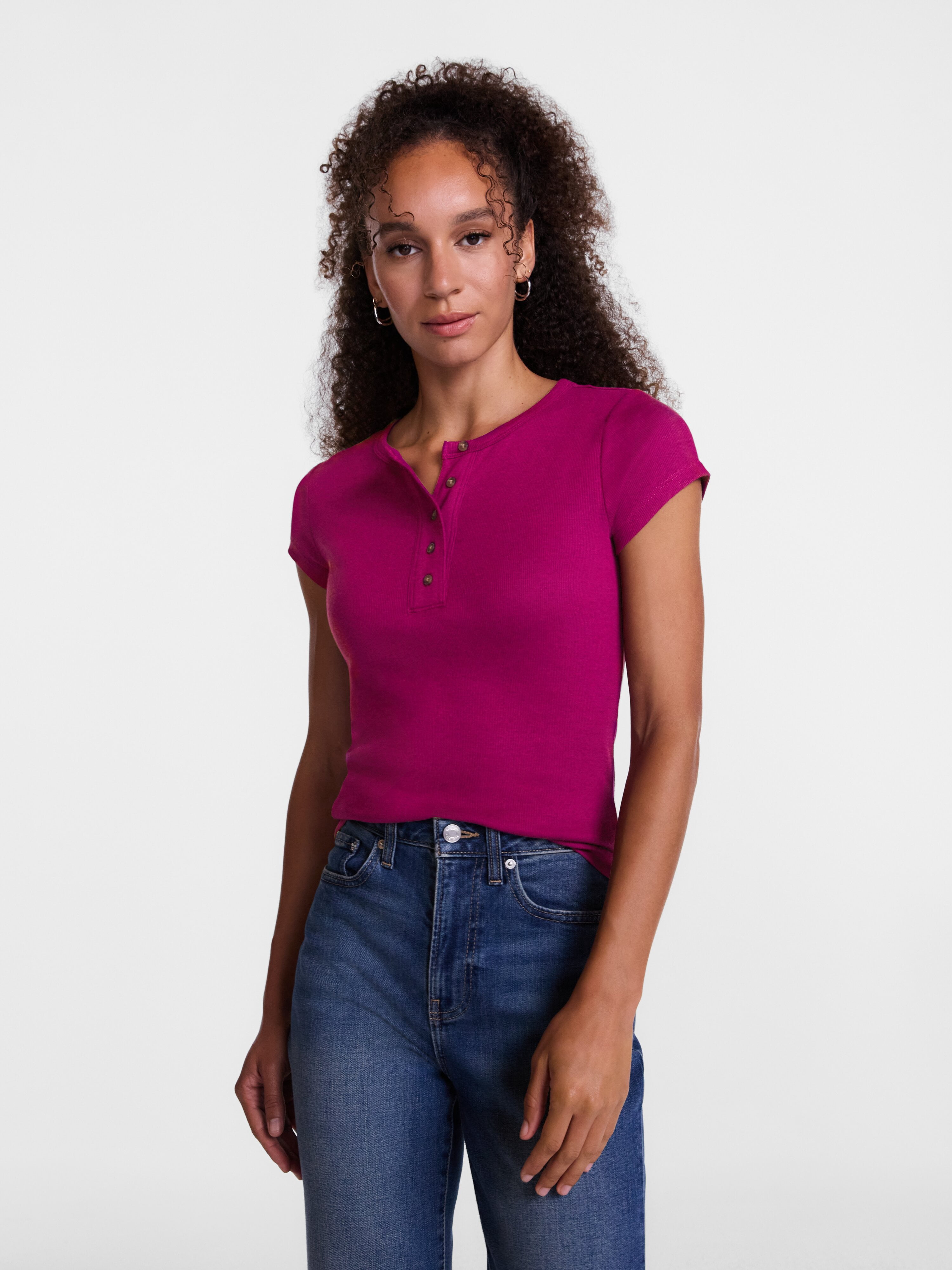 Scenario Women's Rib Henley with Short Sleeves, Sizes XS-XXXL