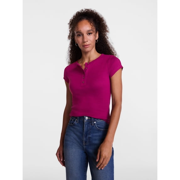 Scenario Women's Rib Henley with Short Sleeves, Sizes XS-XXXL