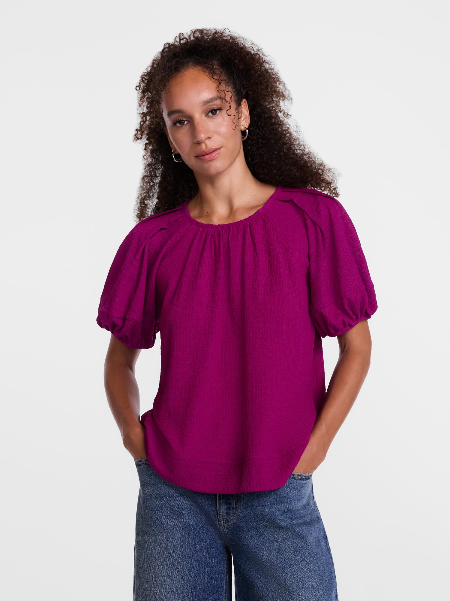 Scenario Women's Textured Top with Short Puff Sleeves, Sizes XS-XXXL