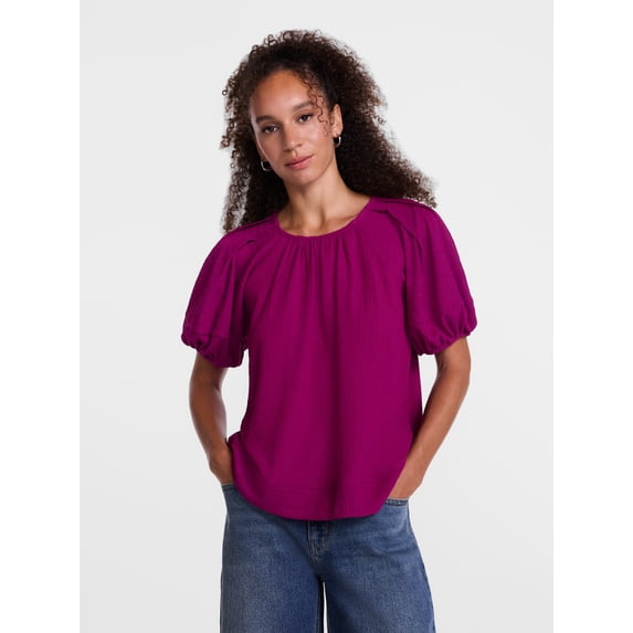 Scenario Women's Textured Top with Short Puff Sleeves, Sizes XS-XXXL