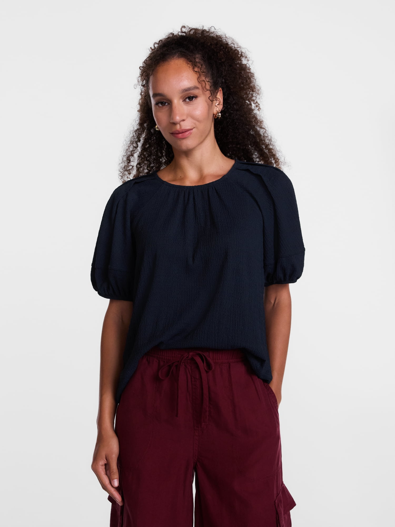 Scenario Women's Textured Top with Short Puff Sleeves, Sizes XS-XXXL