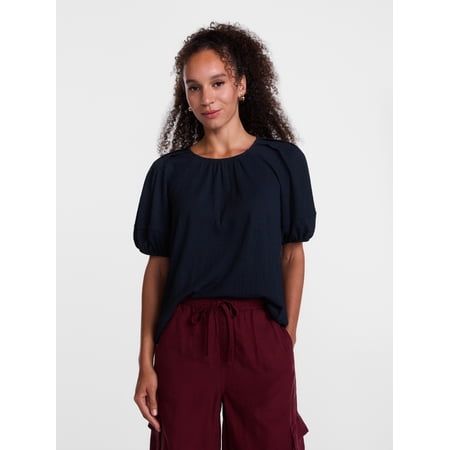 Scenario Women's Textured Top with Short Puff Sleeves, Sizes XS-XXXL