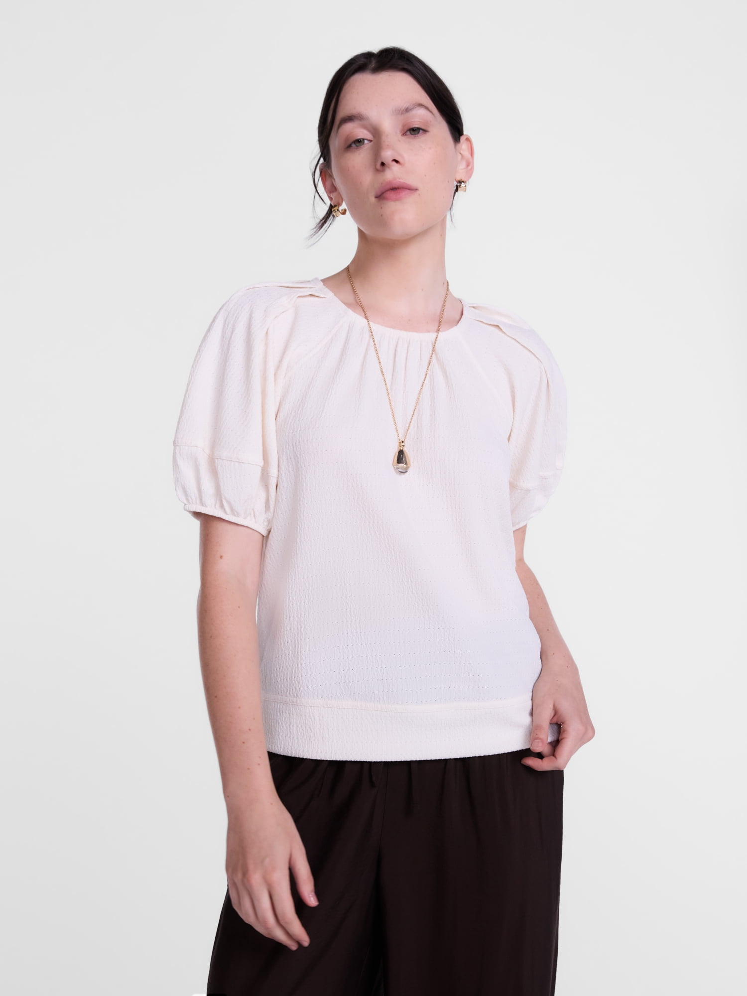 Scenario Women's Textured Top with Short Puff Sleeves, Sizes XS-XXXL