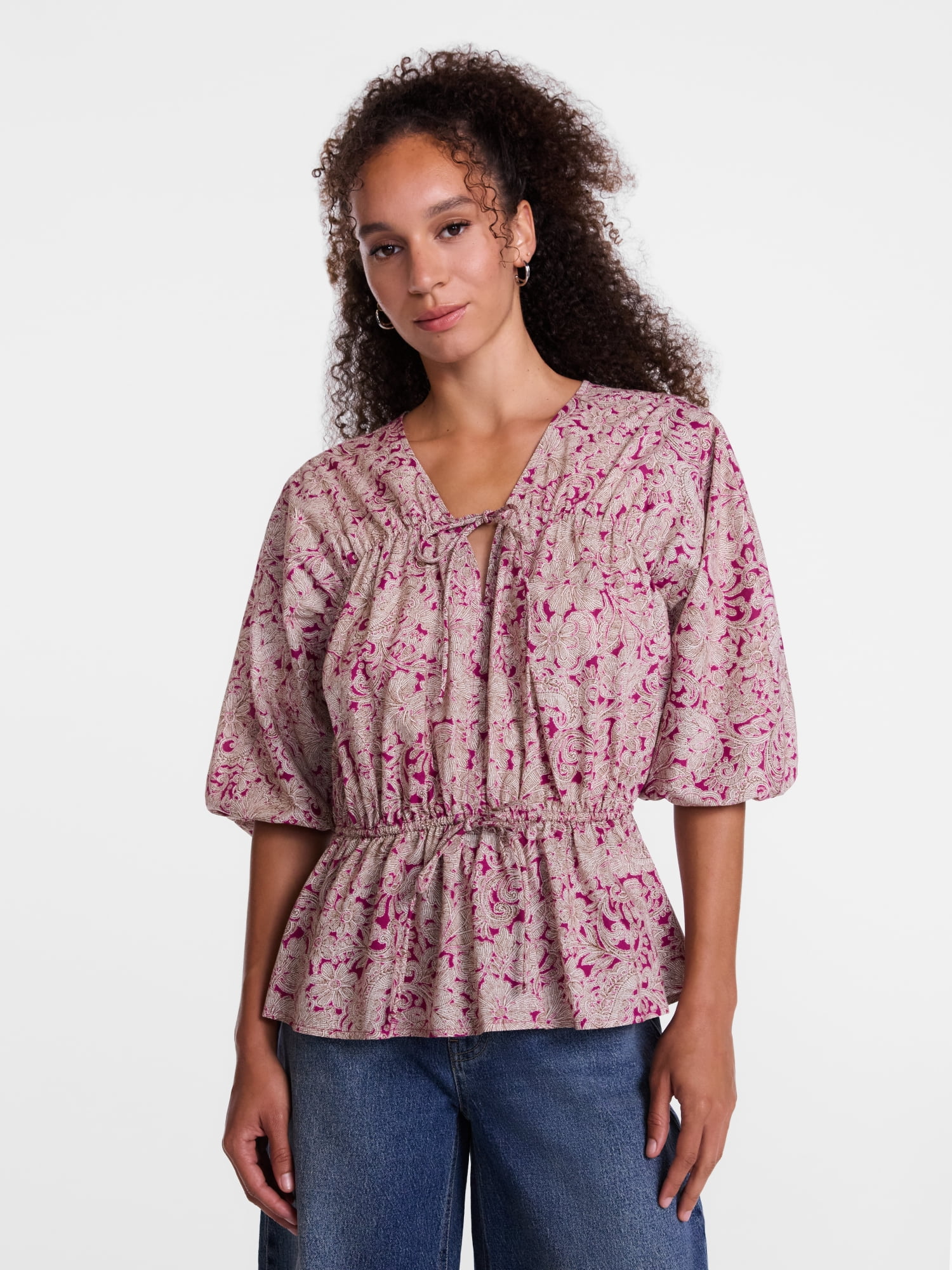 Scenario Women's Front Tie Peplum Top with 3/4-Length Sleeves, Size XS-XXXL