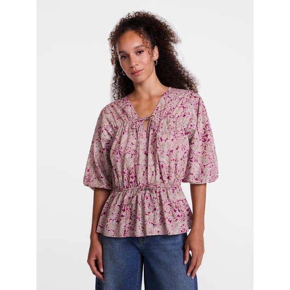 Scenario Women's Front Tie Peplum Top with 3/4-Length Sleeves, Size XS-XXXL