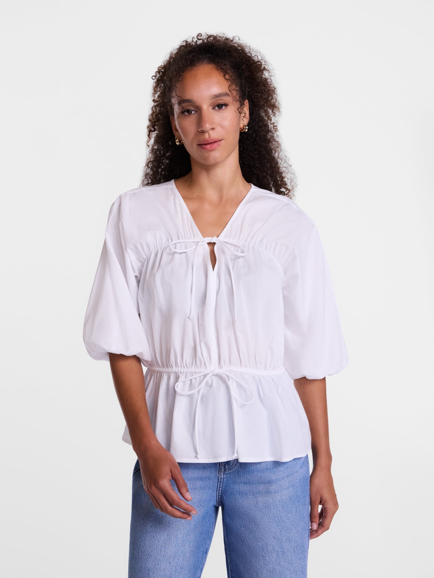 Scenario Women's Front Tie Peplum Top with 3/4-Length Sleeves, Size XS-XXXL