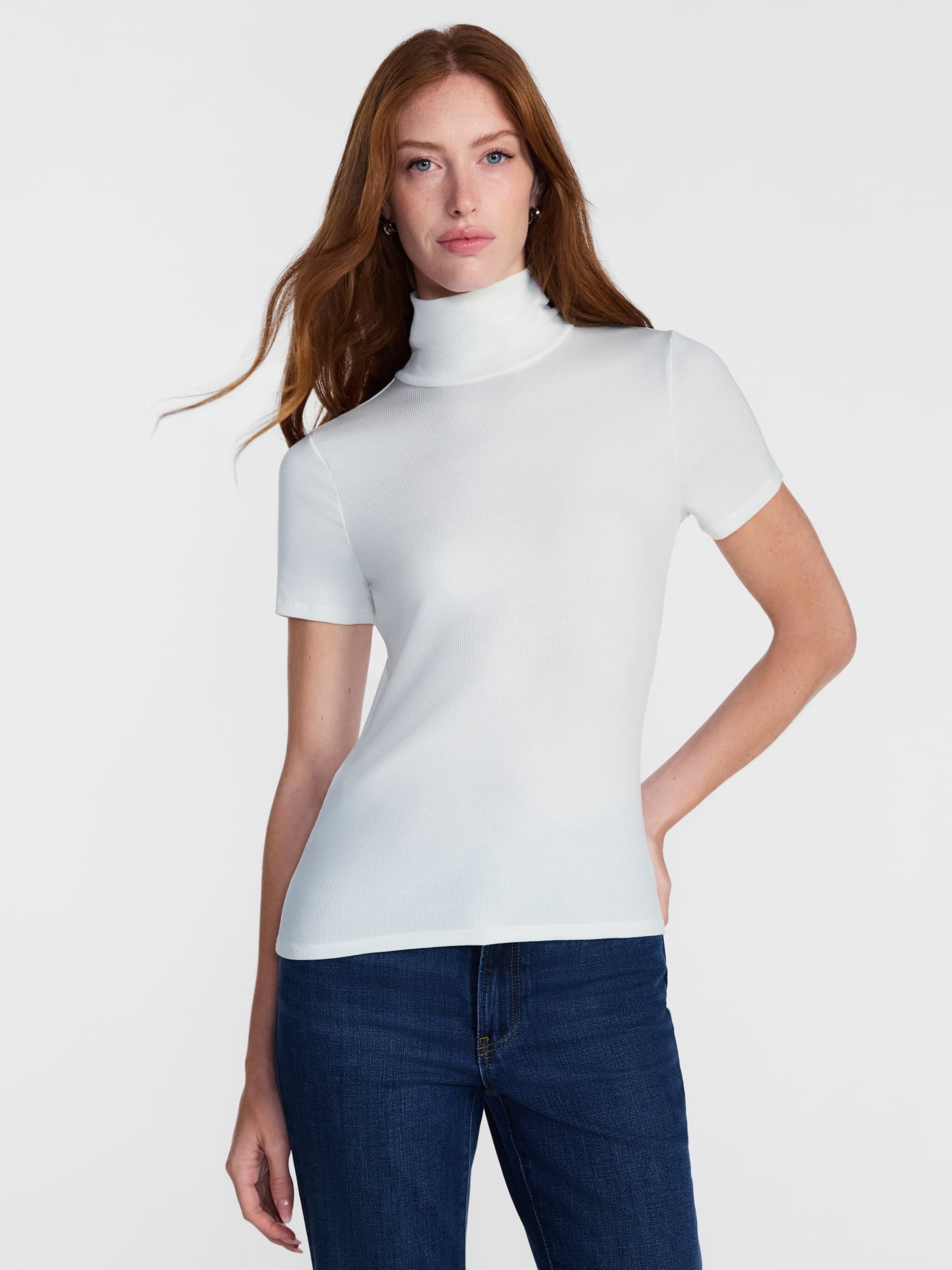 Scenario Women's Turtleneck Top with Short Sleeves, Sizes XS-XXXL