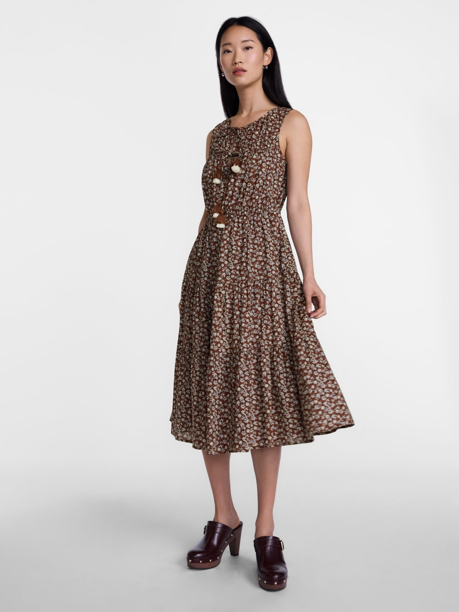 Scenario Women's and Women's Plus Sleeveless Tie Neck Tiered Midi Dress, Sizes XS-4X