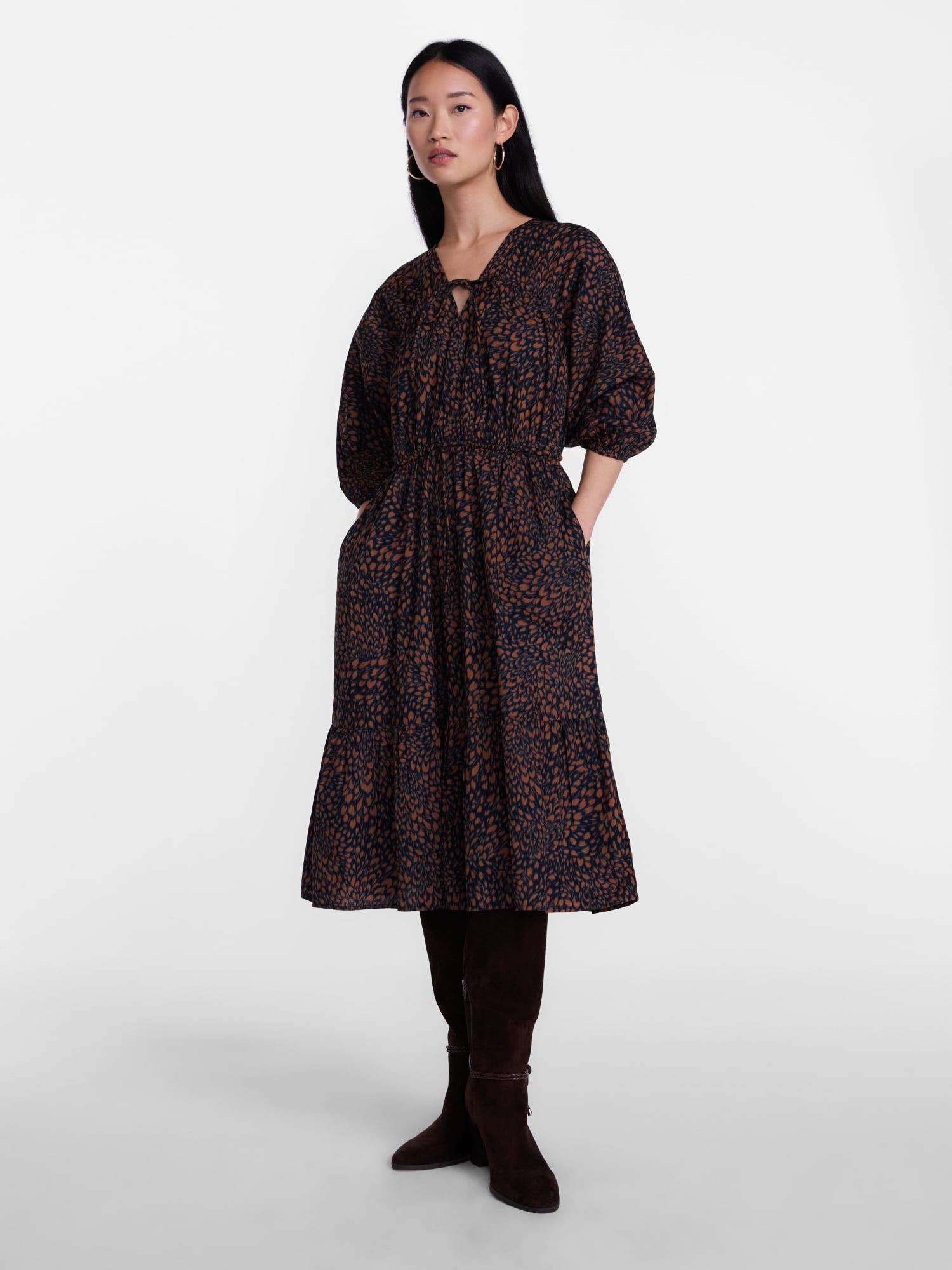 Scenario Women's and Women's Plus Midi Dress with Puff Sleeves, Sizes XS-4X