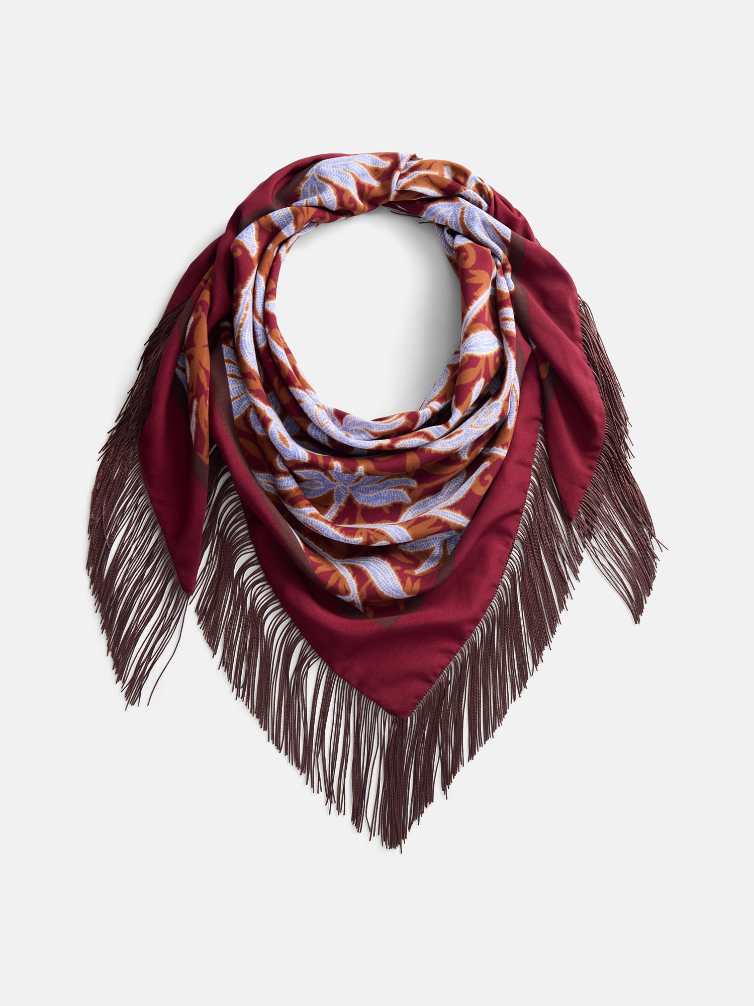 Scenario Women's Printed Fringe Triangle Scarf, Maroon