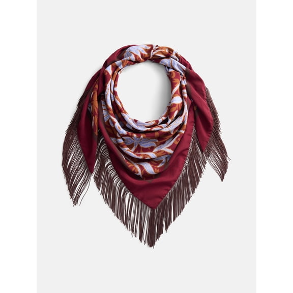 Scenario Women's Printed Fringe Triangle Scarf, Maroon
