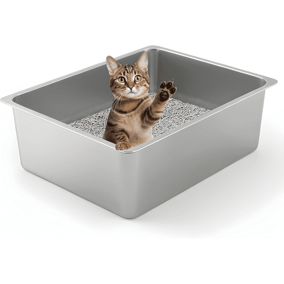 SNAAT Pet litter boxes,Stainless Steel Cat Litter Box - Metal High Sided Cat Pan, Large Stainless Steel Box, Indoor Litter Tray