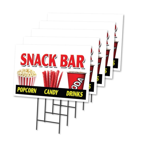 SNACK BAR CANDY POPCORN 5 Pack Of 12" x 16" Yard Sign & Stake | Advertise Your Business | Stake Included Image On Front Only | Made in The USA