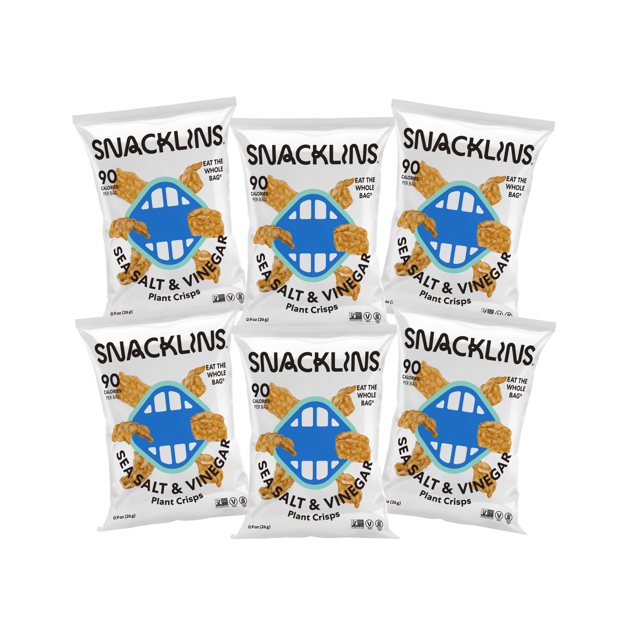 SNACKLINS Plant Based Crisps Vegan Healthy Snacks - Gluten Free, Grain Free, Plant Based Crisps, 100% Kosher, Low Calorie and No Added Sugar, Crunchy, Puffed Snack - Sea Salt & Viengar, Pack of 6)