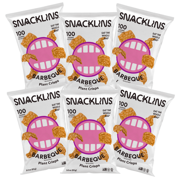 SNACKLINS Plant Based Crisps - Vegan Healthy Snacks - Gluten Free, Grain Free, Plant Based Crisps, 100% Kosher, Low Calorie - No Added Sugar, Crunchy, Puffed Snack - Barbeque - 3oz (6 Pack)