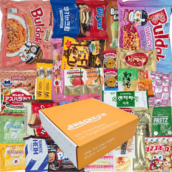 SNACKZON Curated Japanese & Korean Treats Includes Spicy Chicken Ramen, Chocolate Filled Biscuits, Rice Crackers & More