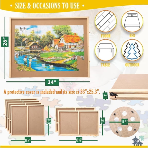 SNAIL Rotating Jigsaw Puzzle Board Portable Lazy Susan Spinning Puzzle Plateau Table with Storage Drawers for Adults, 34"x26" Wooden Jumbo Size Jigsaw Puzzle Table for 1500 Pieces Puzzles