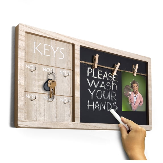 SNAP INVENT Wooden Key Hooks Photo Hanger and Chalkboard | Wall Mounted Organizer | Wood Note Board