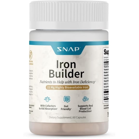 Snap Supplements Iron Builder with 21 mg Iron, 60 Capsules, Adult Dietary Supplement, Convenient Daily Capsule Formula, For iron intake, energy and metabolism, Quick-absorption iron support