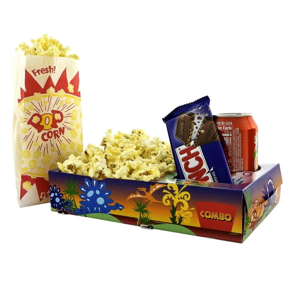 SNAPPY Movie Night Kit 18 Pcs - Burst Design Popcorn Bags (12ct) & Dinosaur Kids Movie Night Snack Trays (6ct) - Home Theater Snack Boxes Family Movie Night