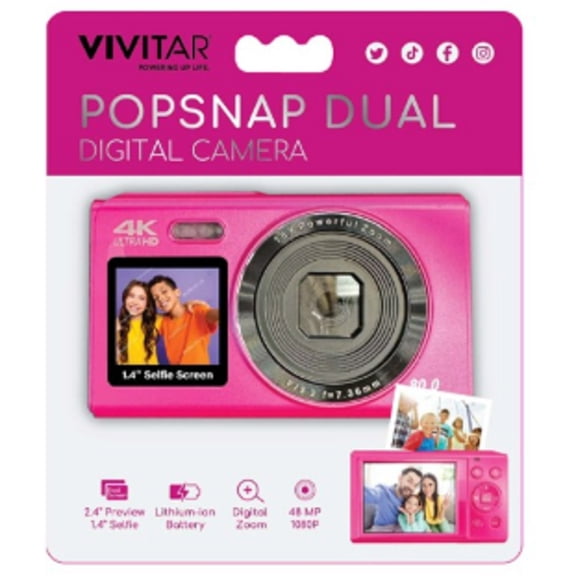 Vivitar PopSnap Dual Digital Camera, 48MP 4K Ultra HD, 16X Digital Zoom, Dual Screens, Rechargeable Battery - Pink
