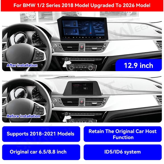 SNATEEN 12.9 inch Carplay Screen/Radio/Multimedia Player for BMW 1/2 Series 2018 2019 2020 2021 Model Universal Car Navigation/GPS Upgrade Headunit Android Display 1080P Touch Screen Replace System