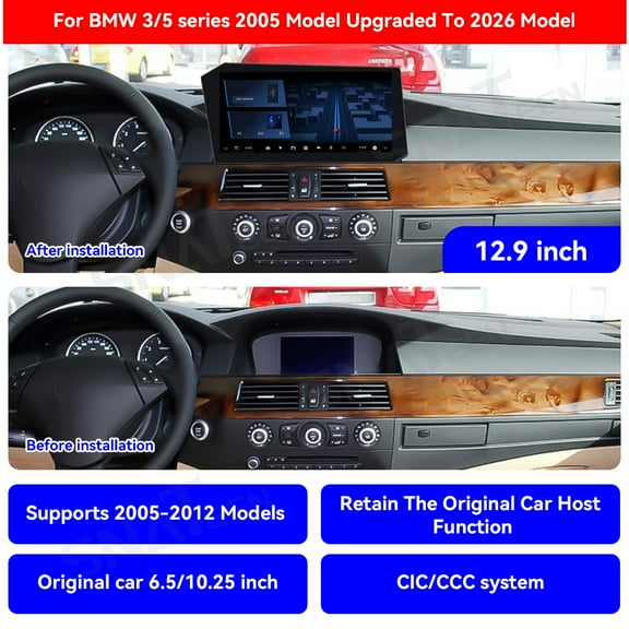 SNATEEN 12.9 inch Carplay Screen/Radio/Multimedia Player for BMW 3/5 series 2005-2012 Model Universal Car Navigation/GPS Upgrade Headunit Android Display 1080P Touch Screen Replace System