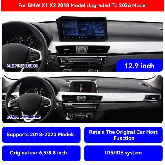 SNATEEN 12.9 inch Carplay Screen/Radio/Multimedia Player for BMW X1 X2 2018 2019 2020 Model Universal Car Navigation/GPS Upgrade Headunit Android Display 1080P Touch Screen Replace System