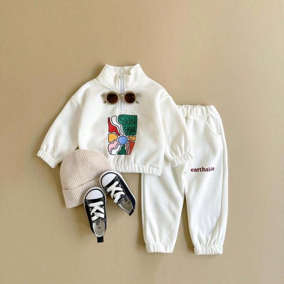 SND PLUS Toddler Baby Girls Boys Unisex Cotton Zipper Neck Spring Cute Sunshine 9 12 18 24 Months Korean StyleClothing Long Sleeve Sweatshirt and Pant Sets (Color White )