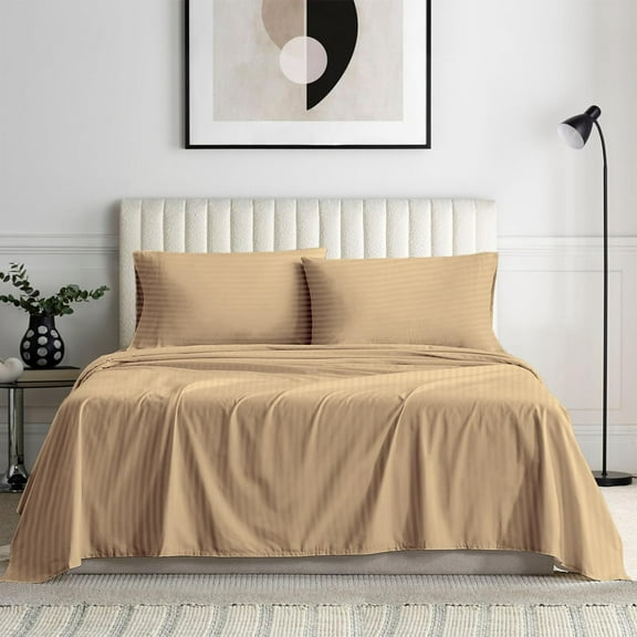 SNDecor 4-Piece Sheet Set, King Size Fits 18-24" Deep Pocket, 600 Series Organic Cotton (Taupe, Stripe)