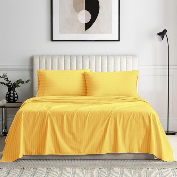 SNDecor Egyptian Cotton 4-Piece Sheet Set, Queen Size Fits Upto 7-9" Deep Pocket (Gold, Stripe)