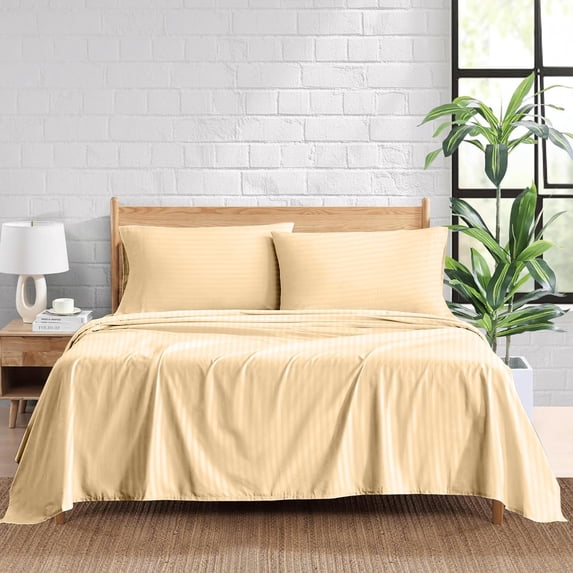 SNDecor Egyptian Cotton 6-Piece Sheet Set with 4 Pillowcases, Queen Size Fits Upto 13-16" Deep Pocket (Beige, Stripe)